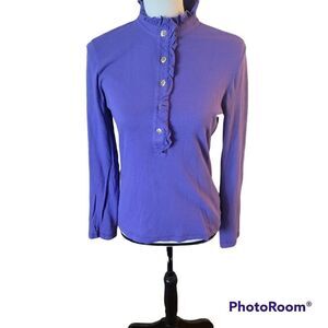 Tory Burch Half Button Up Top with Ruffled Neckline. Size M.